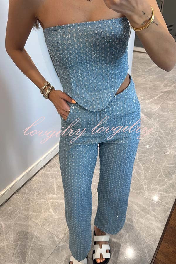 Fashionable Look Denim Sequin Textured Tube Top