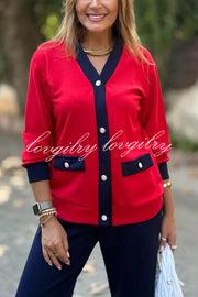 Stylish Color-blocked V-neck Knitted Button-down Cardigan and Elastic Waist Casual Wide-leg Pants Set