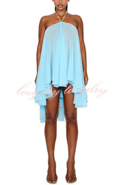 Chiffon Solid Color Halter Backless Irregular Mini Dress