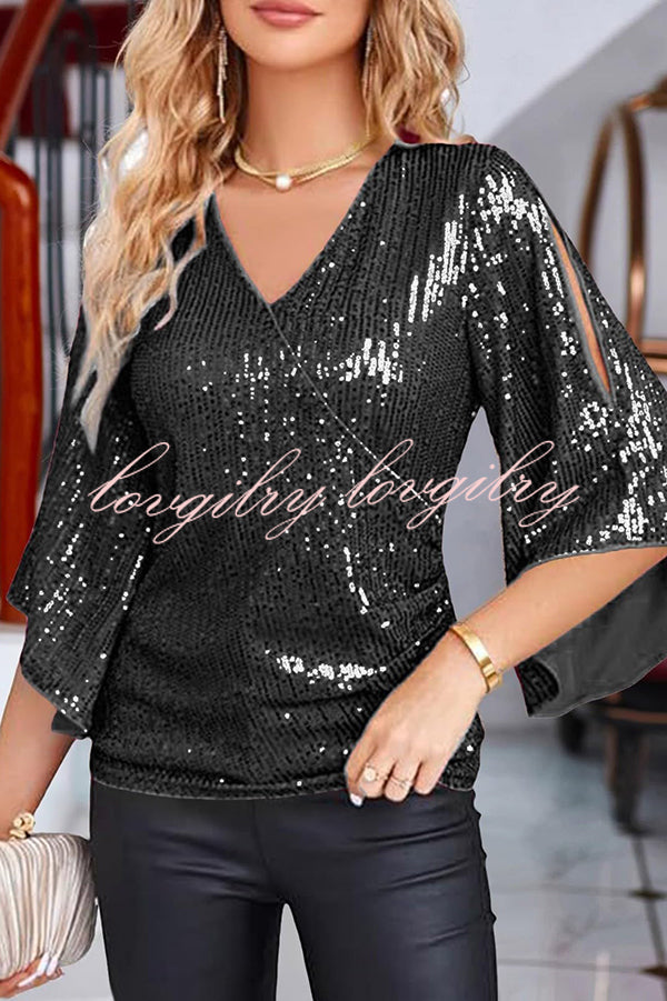 Solid Color Sequined V-neck Hollow Sleeve Slim Fit Top