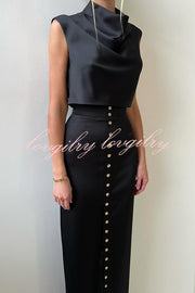 Solid Color Casual Sleeveless Crop Top and Elegant Button-down Maxi Skirt Set