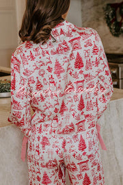 Christmas Night Satin Loose Shirt and Elastic Waist Pocketed Pajama Set