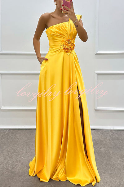 Nasha Satin Pleated One Shoulder Petal Gemstone Detail Pocket Slit Maxi Dress