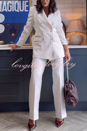 Elegant and Independent Button Lapel Blazer and Elastic Waist Pocketed Loose Pants Set