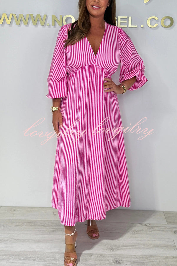 Striped Print V-Neck Long Sleeve Casual Loose Maxi Dress