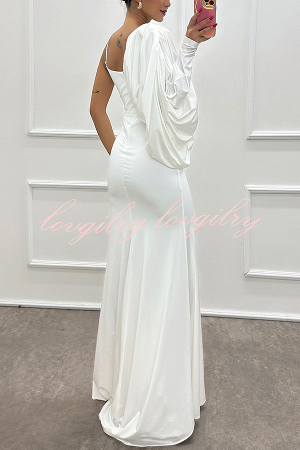 Like Venus One Shoulder Bat Sleeve Ruched Detail Slit Gown Maxi Dress