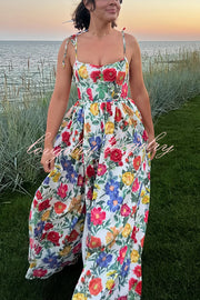 Garden Wedding Floral Print Back Tie-up Pocketed Slit Maxi Dress