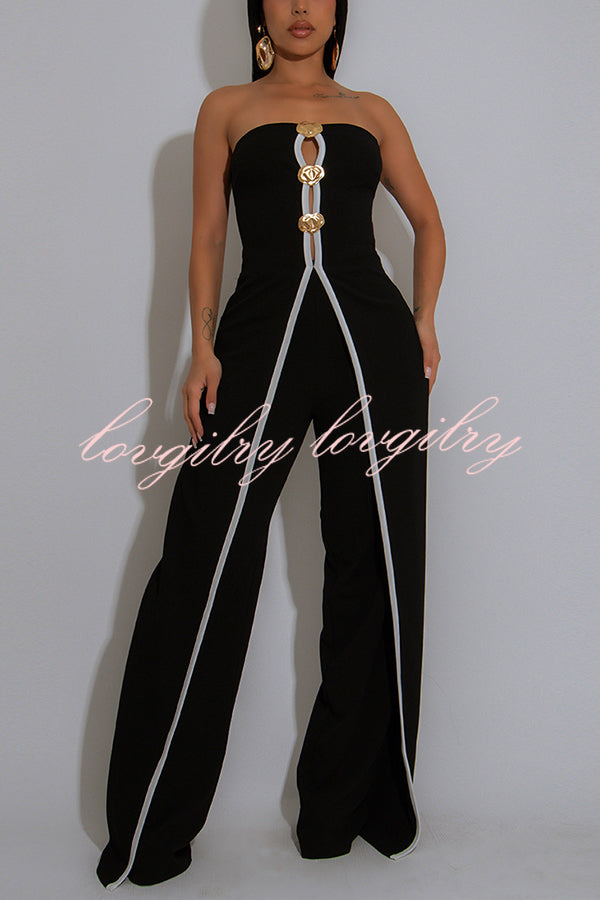 Fashionable Contrast Color Off-shoulder Metal Decoration Casual Elegant Jumpsuit