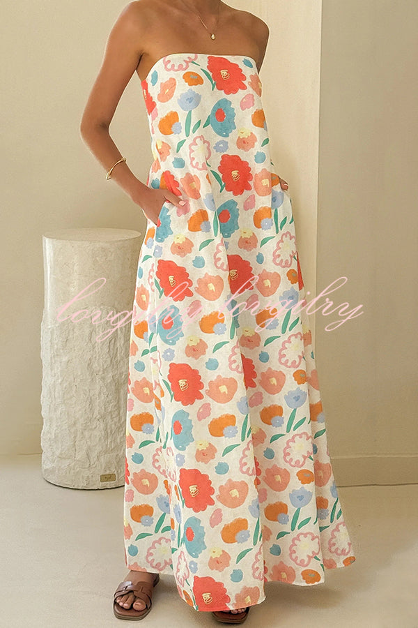 Unique Print Strapless Open Back Full Hem Maxi Dress