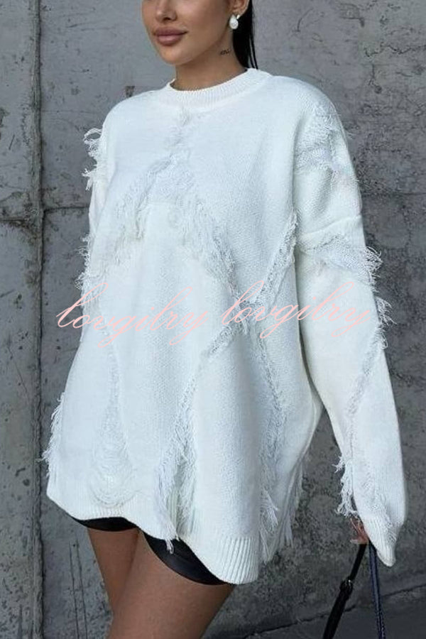 Fashionable Diamond Hollow Tassel Loose Sweater