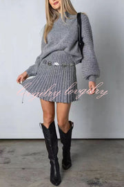 Solid Color Round Neck Puff Sleeve Loose Knit Sweater and Casual Striped Mini Skirt Set