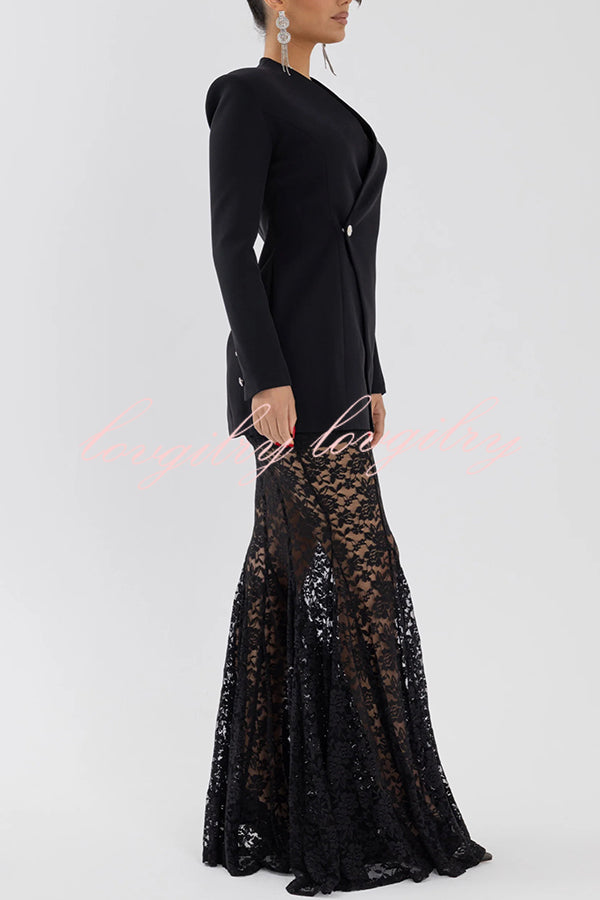 Poetic Muse Stand V-neck Rhinestone Button Up Long Sleeve Blazer