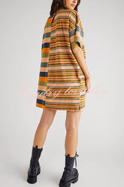 Contrast Striped Patchwork Denim Lapel Loose Casual Mini Dress