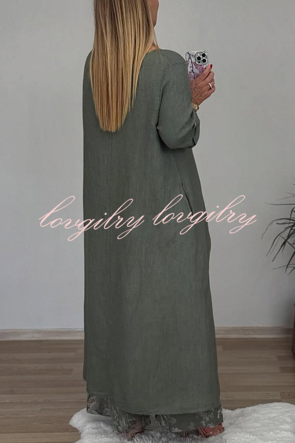 Linen Blend Crew Neck Long Sleeve Irregular Loose Top and Elastic Waist Floral Print Casual Pocket Set