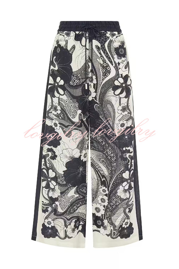 Linen Blend Lapel Short Sleeve Loose Top and Elastic Waist Casual Pocket Wide Leg Pants Set
