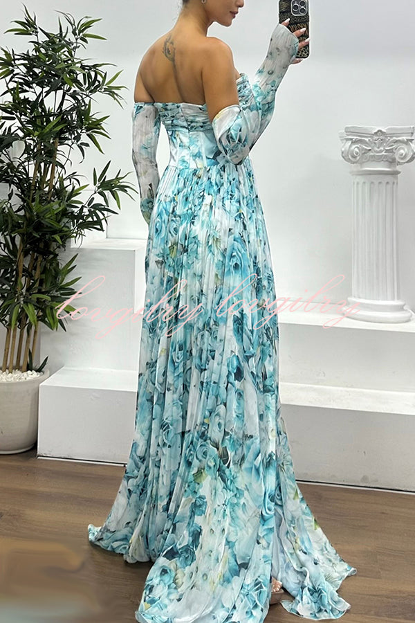 Reina Chiffon Floral Print Pleated Bodice Split Sleeve Strapless Slit Maxi Dress