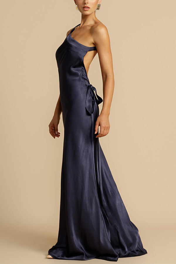 Moonlit Soiree Satin Asymmetrical One Shoulder Backless Strap Maxi Dress