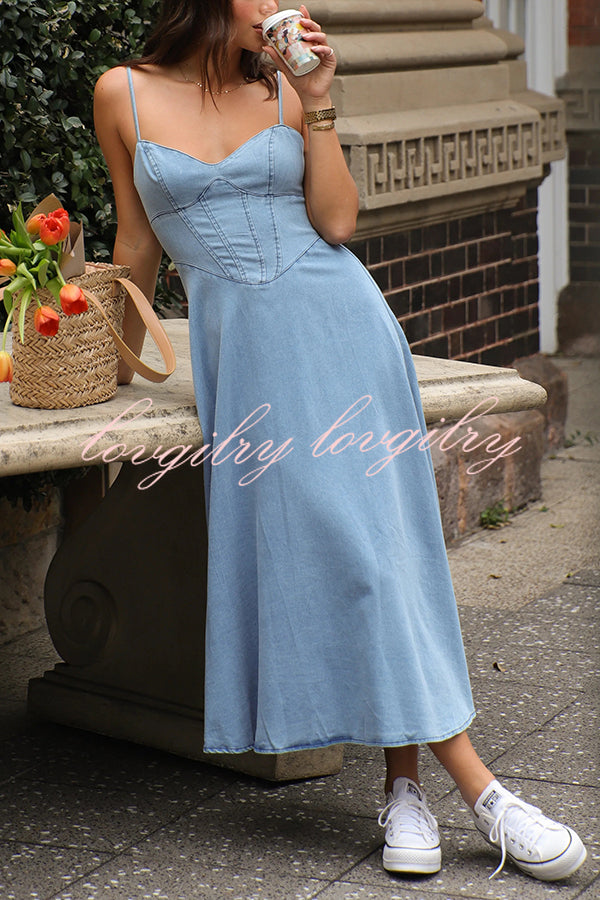 Solid Color Sleeveless Suspender Pleated Back Faux Denim Midi Dress