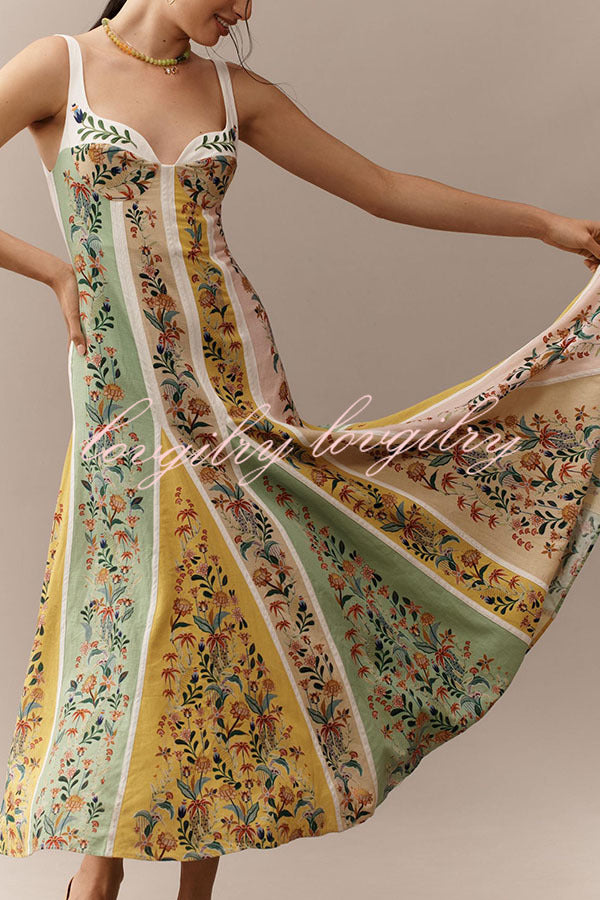Sweet Garden Linen Blend Color Block Floral Paneled Maxi Dress