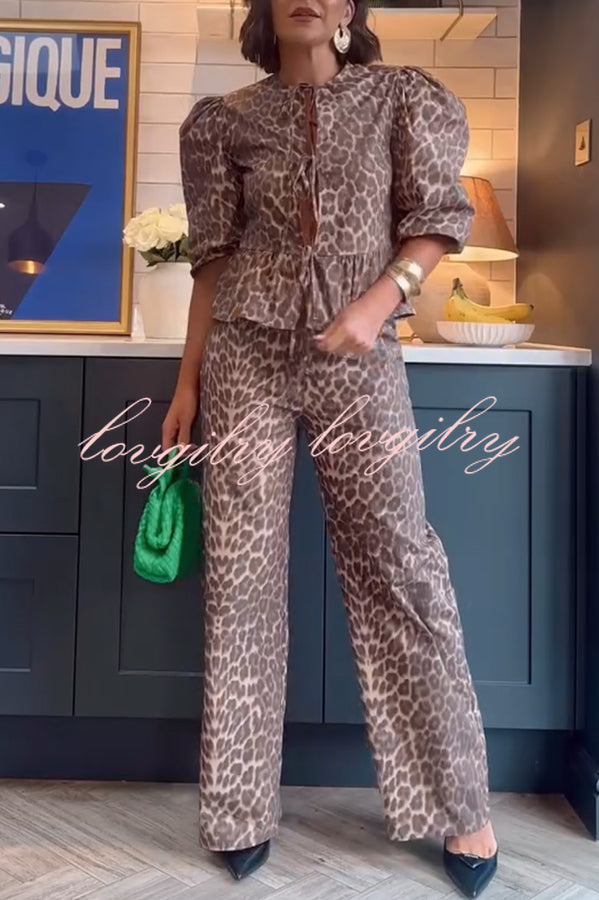 Kiana Leopard Print Peplum Tie Puff Sleeve Shirt and Elastic Waist Pocketed Loose Pants Set