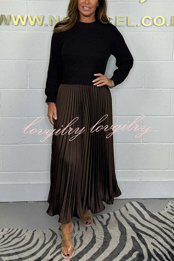 Audrey Ribbed Knit Long Sleeve Top Patchwork Satin Pleated Maxi Dress