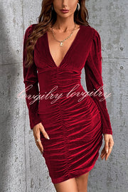 Solid Color Velvet Sexy V-neck Long Sleeve Ruched Mini Dress