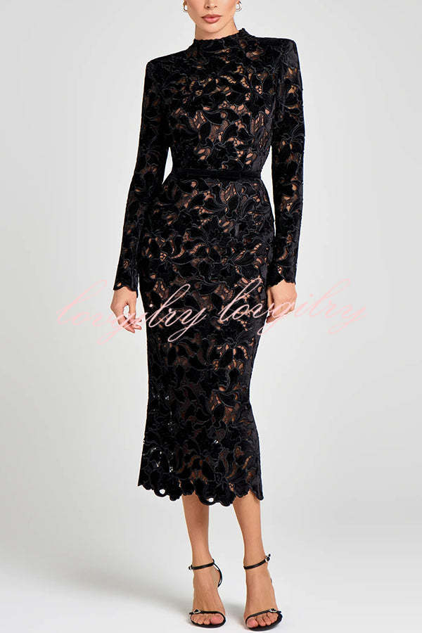 Diane Velvet Embroidered Floral Lace Long Sleeve Belt Scallop Edge Midi Dress