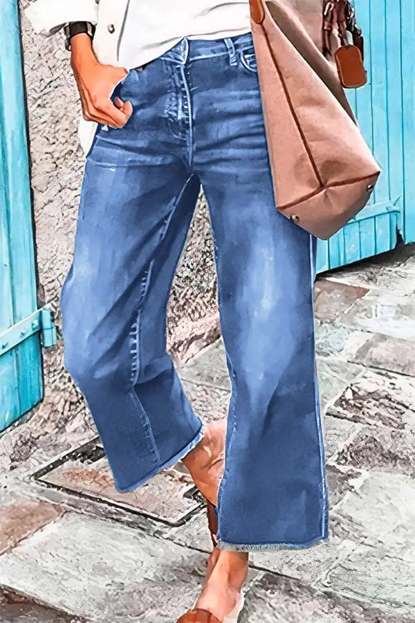 Stylish Raw-edge Mid-rise Pocket Stretch Straight-leg Jeans