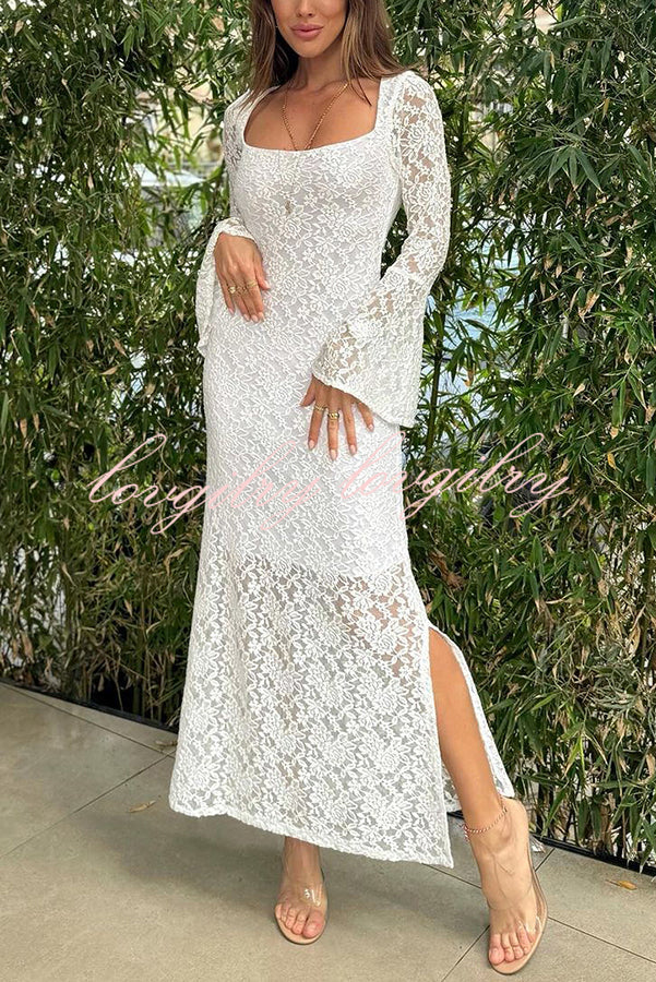 Luxe Lifestyle Lace Square Neck Bell Sleeve Lined Slit Midi Dress