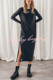 The Bedisse Cotton Blend Long Sleeve Relaxed Slit Midi Dress