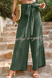 Rustic Patchwork Lace Up Pleated Wide Leg Pants