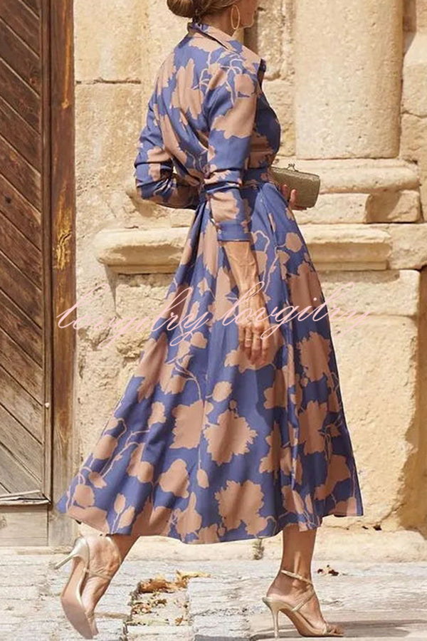 Lapel Floral Print Lace Up Buttoned Pockets Long Sleeve Midi Dress