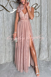 Everlasting Party Sequin Tulle Ruffles Shoulder Design Slit Maxi Dress