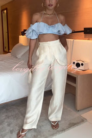 So Chic Linen Blend Buttoned Waist Tiered Pockets Wide Leg Pants