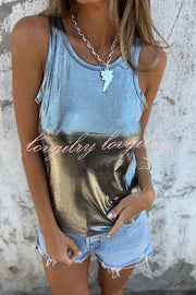 Fashionable Metallic Luster Round Neck Sleeveless Casual Vest