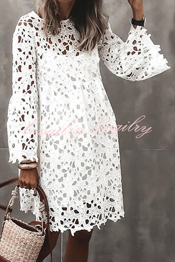 Pretty Presence Floral Crochet Lace Bell Sleeve Mini Dress