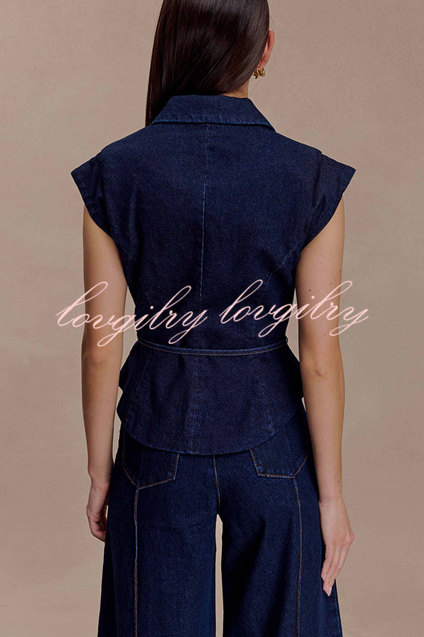 Charley Denim Button Up Cap Short Sleeve Structured Tie-up Lapel Top