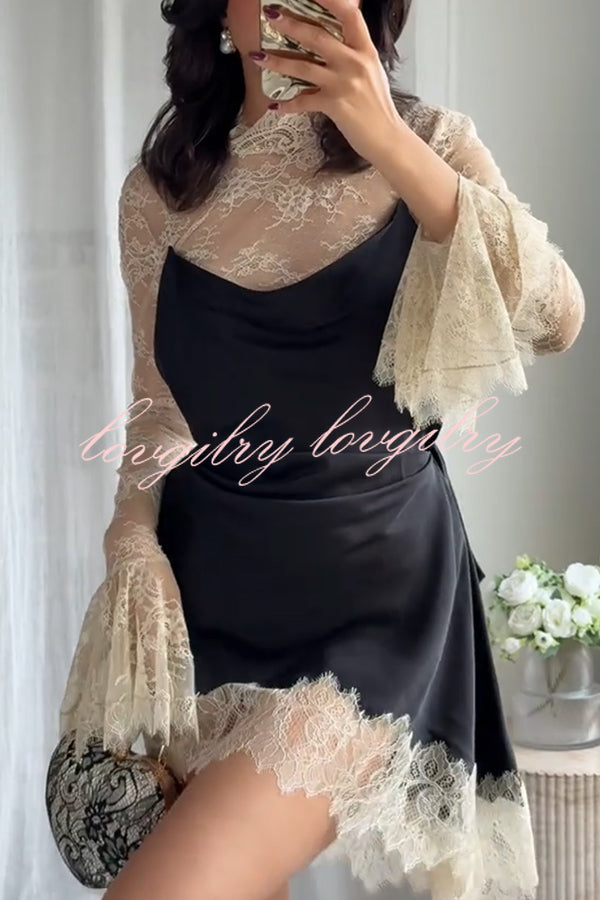 Gothic Romantic Lace Satin Patchwork High Neck Bell Sleeve Loose Mini Dress