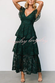 Lace V-neck Ruffled Sleeves Cinched Waist Maxi Dress