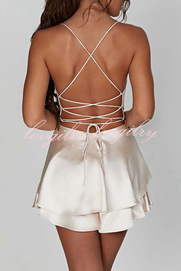 Ruffled Elegant Satin Strappy Satin Backless Lace Up Mini Dress