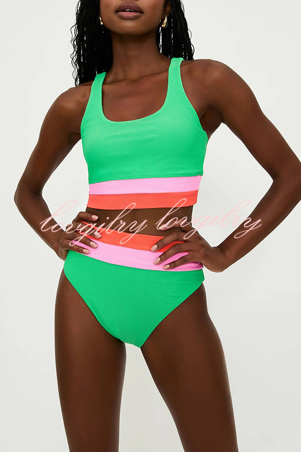 Zephyra Ribbed Color Block Tank High Rise Stretch Bikini Swimsuit