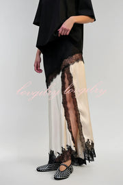 Party Focus Contrast Color Satin Lace Trim V-Neck Slip Tank