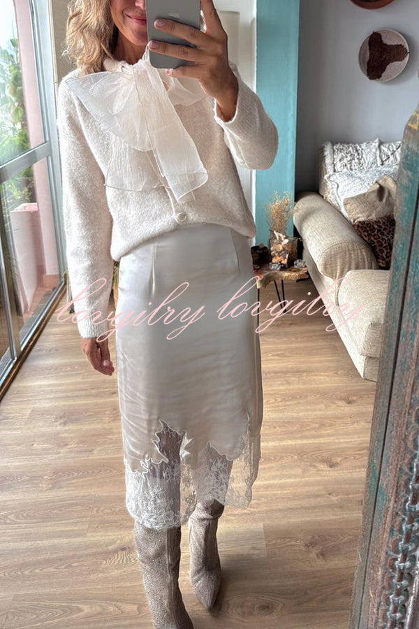 Lola Satin Lace Trim High Rise Side Zipper Loose Midi Skirt