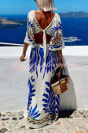 Linen Blend Unique Printed V-Neck Hollow Backless Lace-Up Holiday Maxi Dress