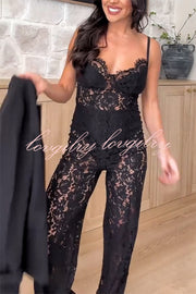 Sexy Moment Floral Lace Lined Suspender Wide Leg Stretch Jumpsuit