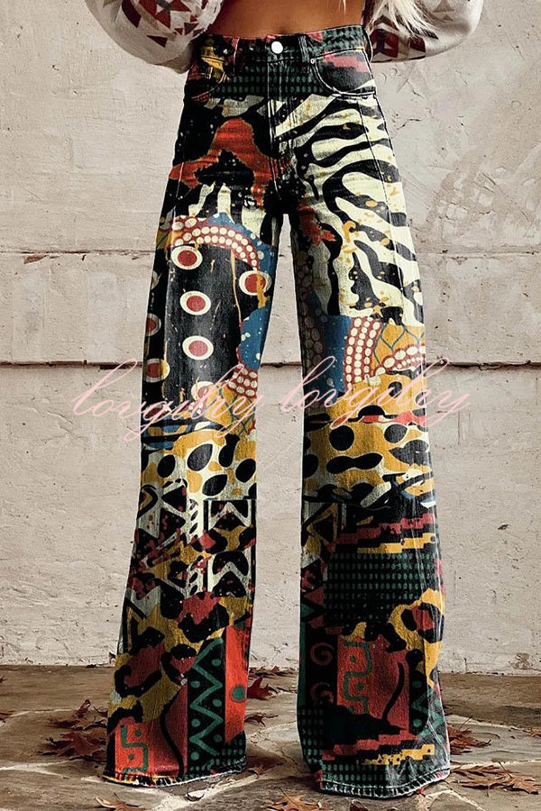 Beautiful Unique Print Button Pocket Wide Leg Pants