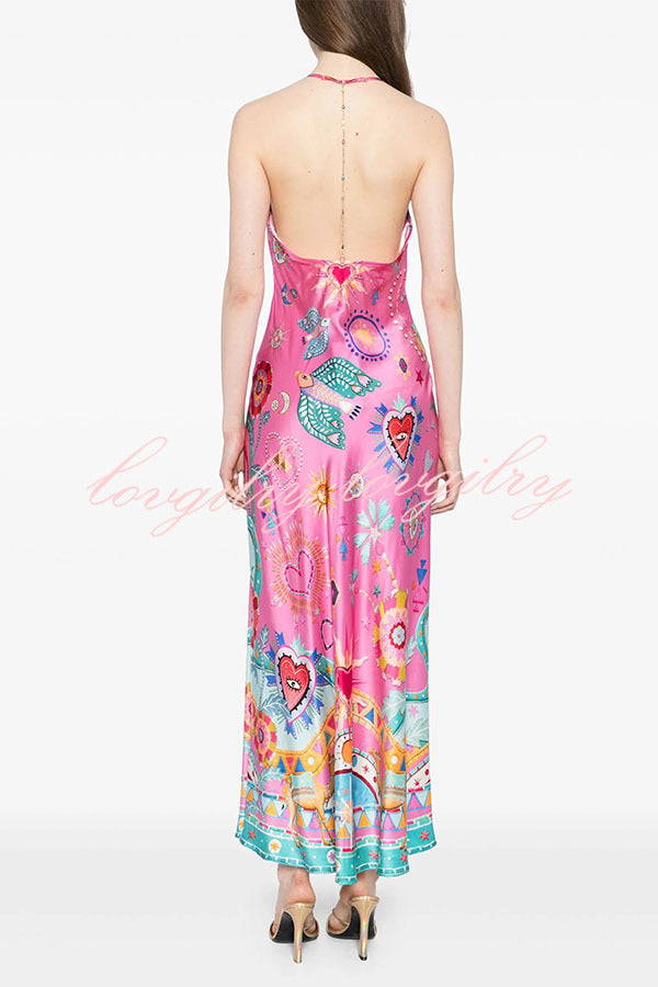 Effortless Chic Satin Unique Print Back Chain Detail Slip Maxi Dress