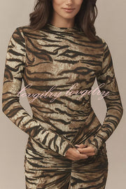 Winston Animal Print High-neck Long Sleeve Ruched Hip Stretch Maxi Dress