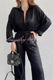 Leopard Print Jacquard Long Sleeved Shirt with Elastic Waist and Pant Two Piece Set