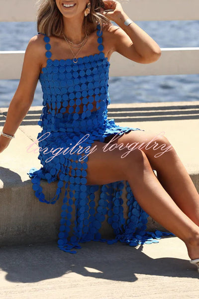 Caitlin See Through Circle Embroidery Square Neck Tassle Hem Slip Tank